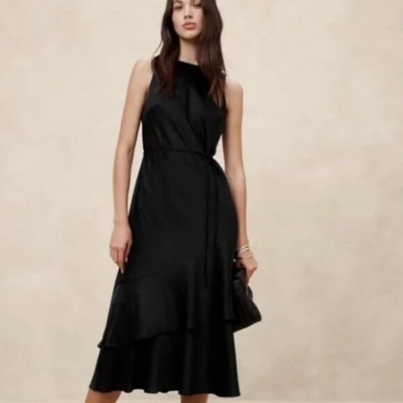 Banana Republic Black Satin Tiered Midi Dress Size M New - Picture 1 of 8